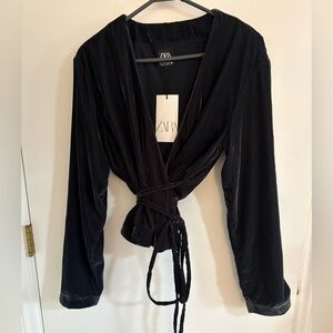 Zara Dark Gray Velvet Wrap Robe/Top NWT